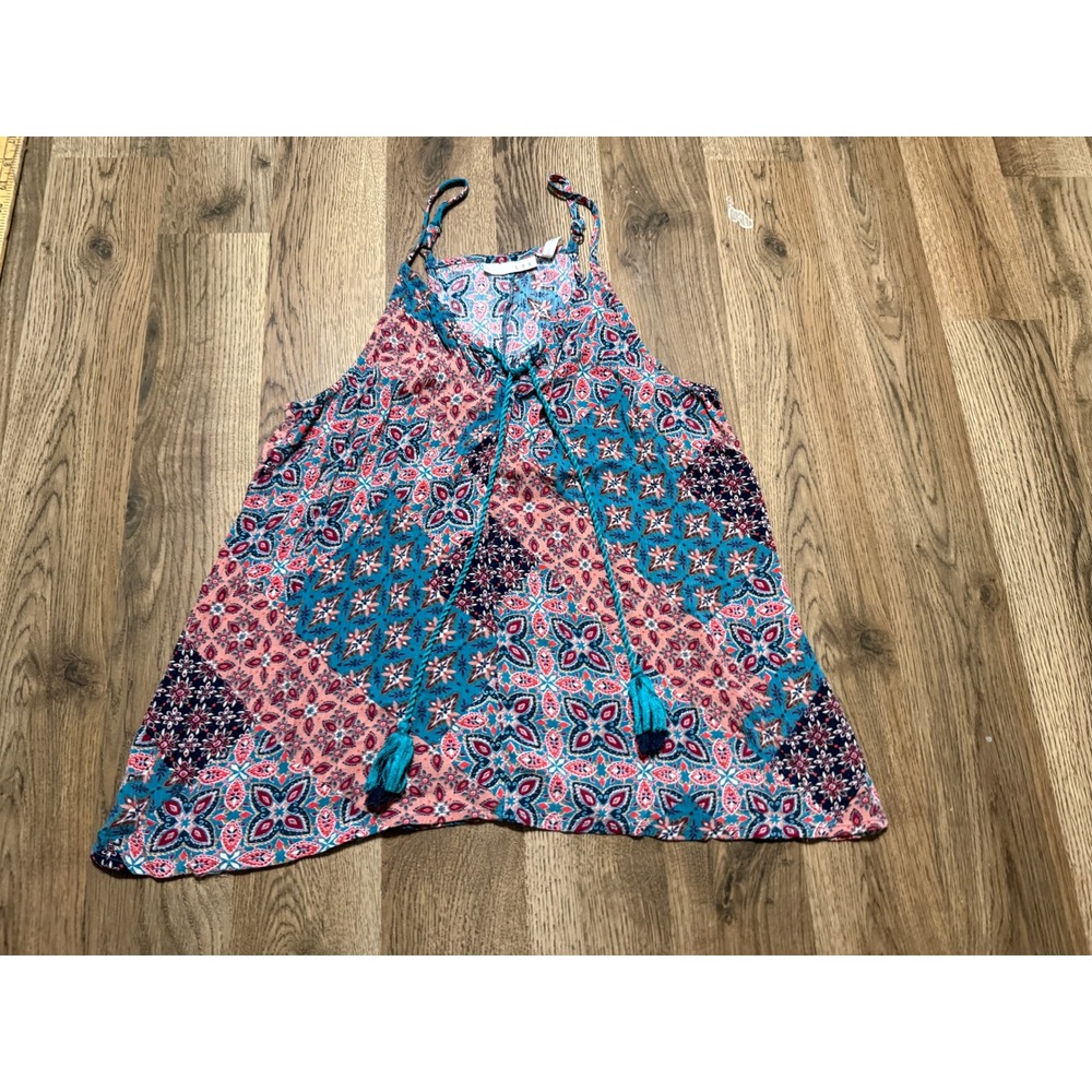 LUQ Tank Top Womens Large Blue Pink Boho Medallion Tassel Tie Rayon Excellent